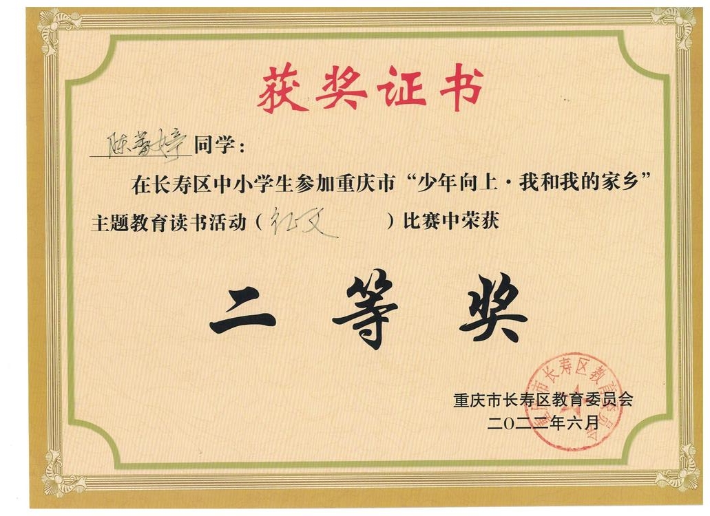少年至上——重庆市“少年向上·我和我的家乡”主题读书活动征文比赛（中学组）二等奖